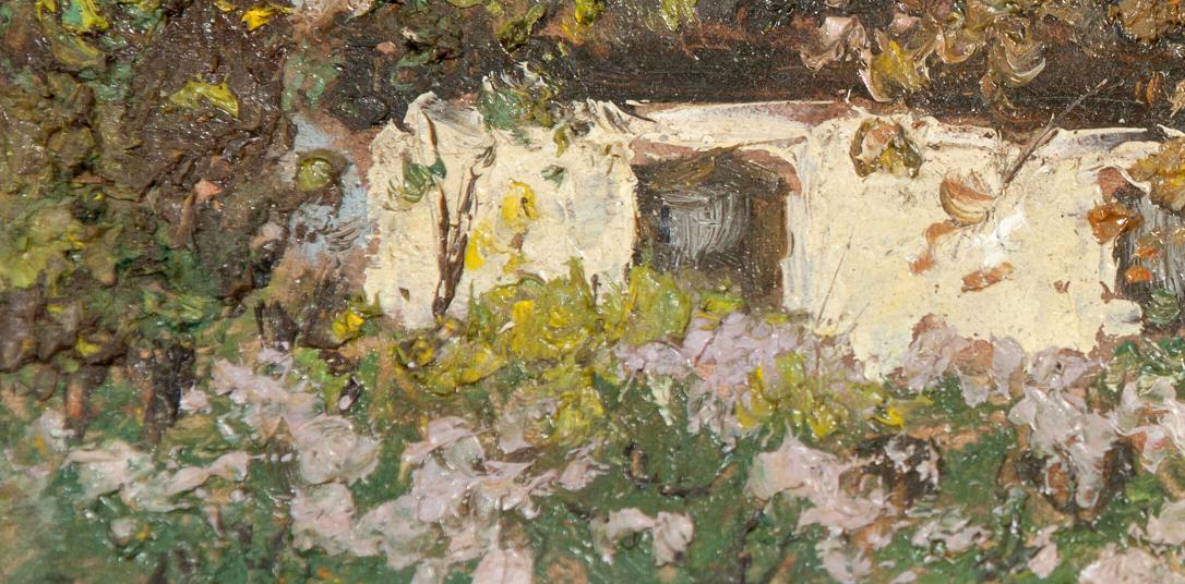 Oil painting by Ivan Tsyupka: weathered white stone cottage in lush evening foliage