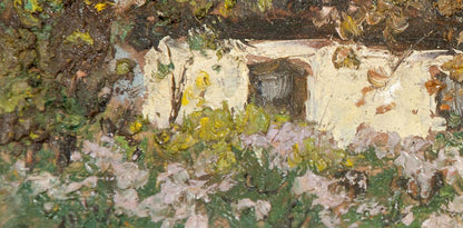 Oil painting by Ivan Tsyupka: weathered white stone cottage in lush evening foliage