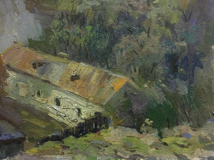 Impressionistic oil painting by Morozov Leonid Aleksandrovich of rustic stone building in foliage