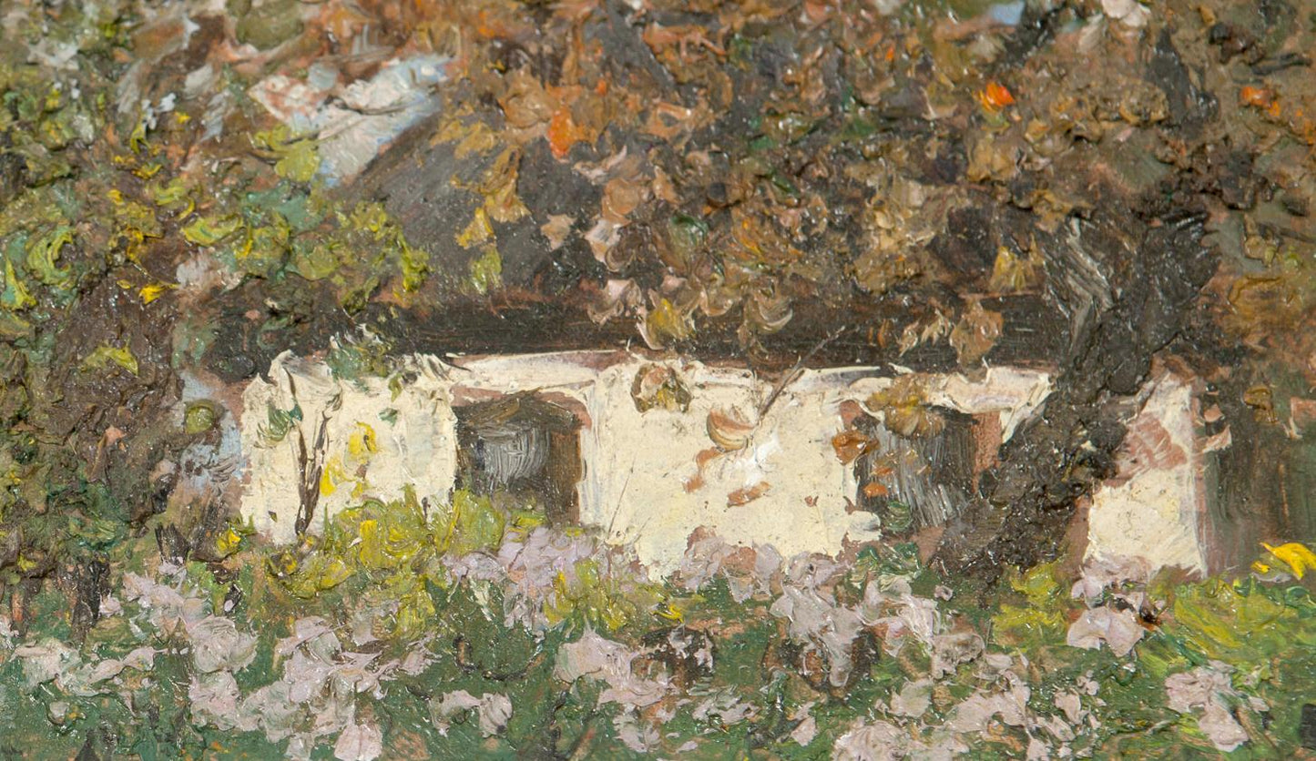 Oil painting of evening over house by Ivan Tsyupka, rustic cottage under autumn trees