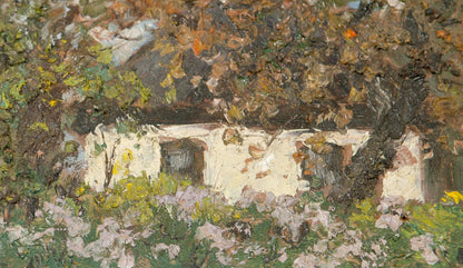 Oil painting of evening over house by Ivan Tsyupka, rustic cottage under autumn trees