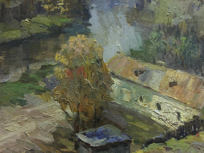 Oil painting by Morozov Leonid Aleksandrovich: weathered stone building with sloped ochre roof