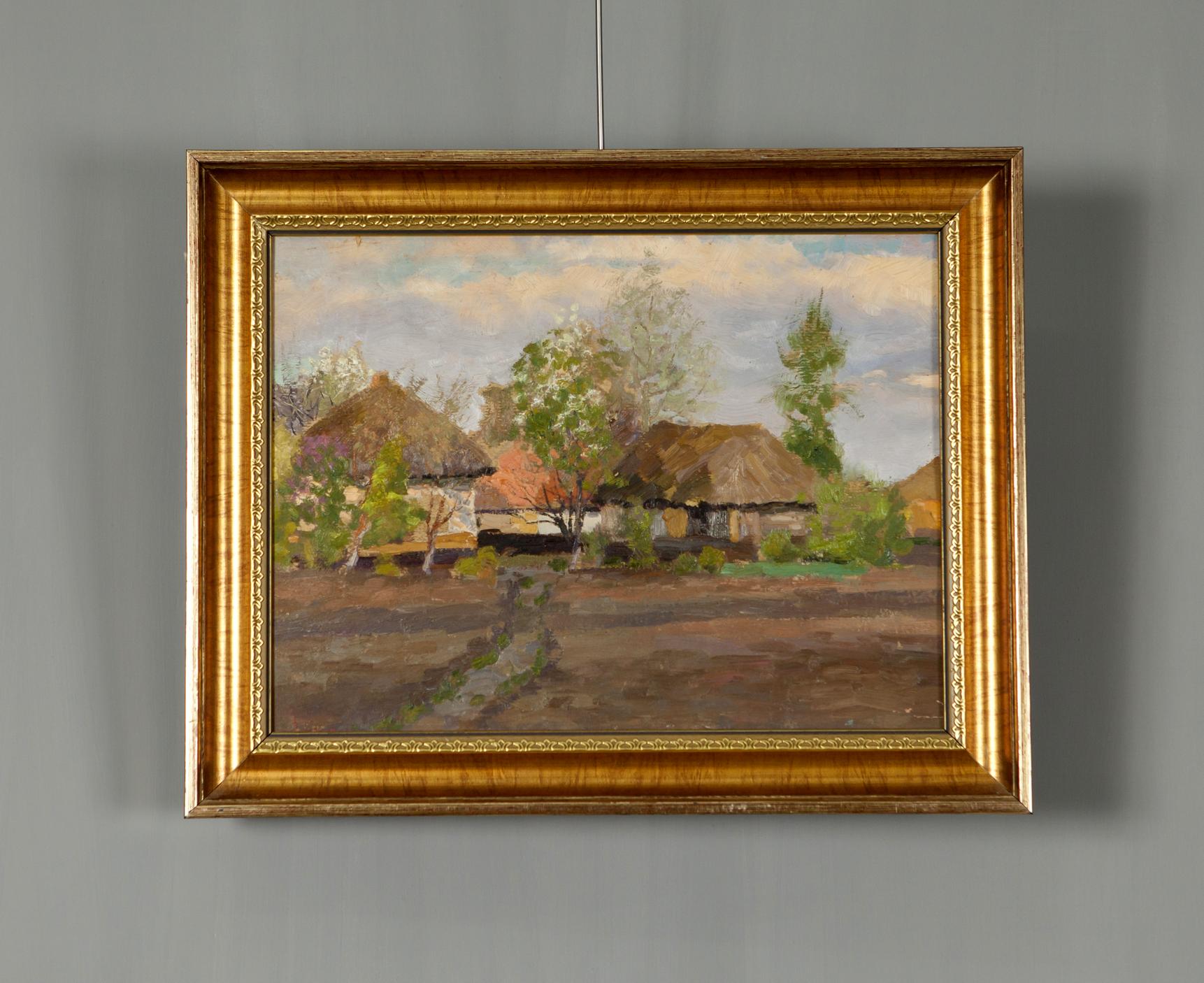 Summer Oil Painting: rustic village with thatched cottages in gold frame