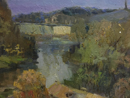 Impressionistic oil painting by Morozov Leonid Aleksandrovich: river, greenery, hills, purple sky
