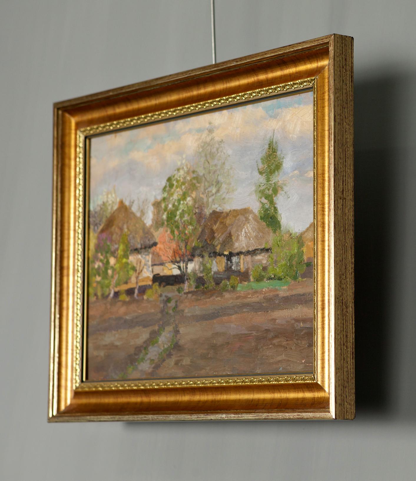 Summer Oil Painting: square rustic cottages and trees in gilded frame
