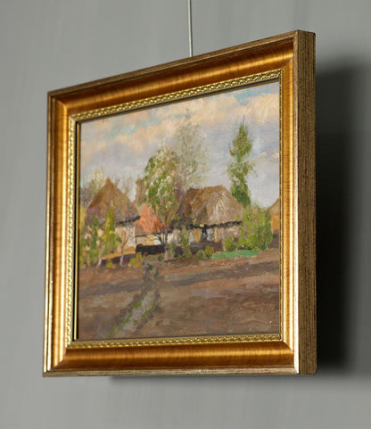 Summer Oil Painting: square rustic cottages and trees in gilded frame