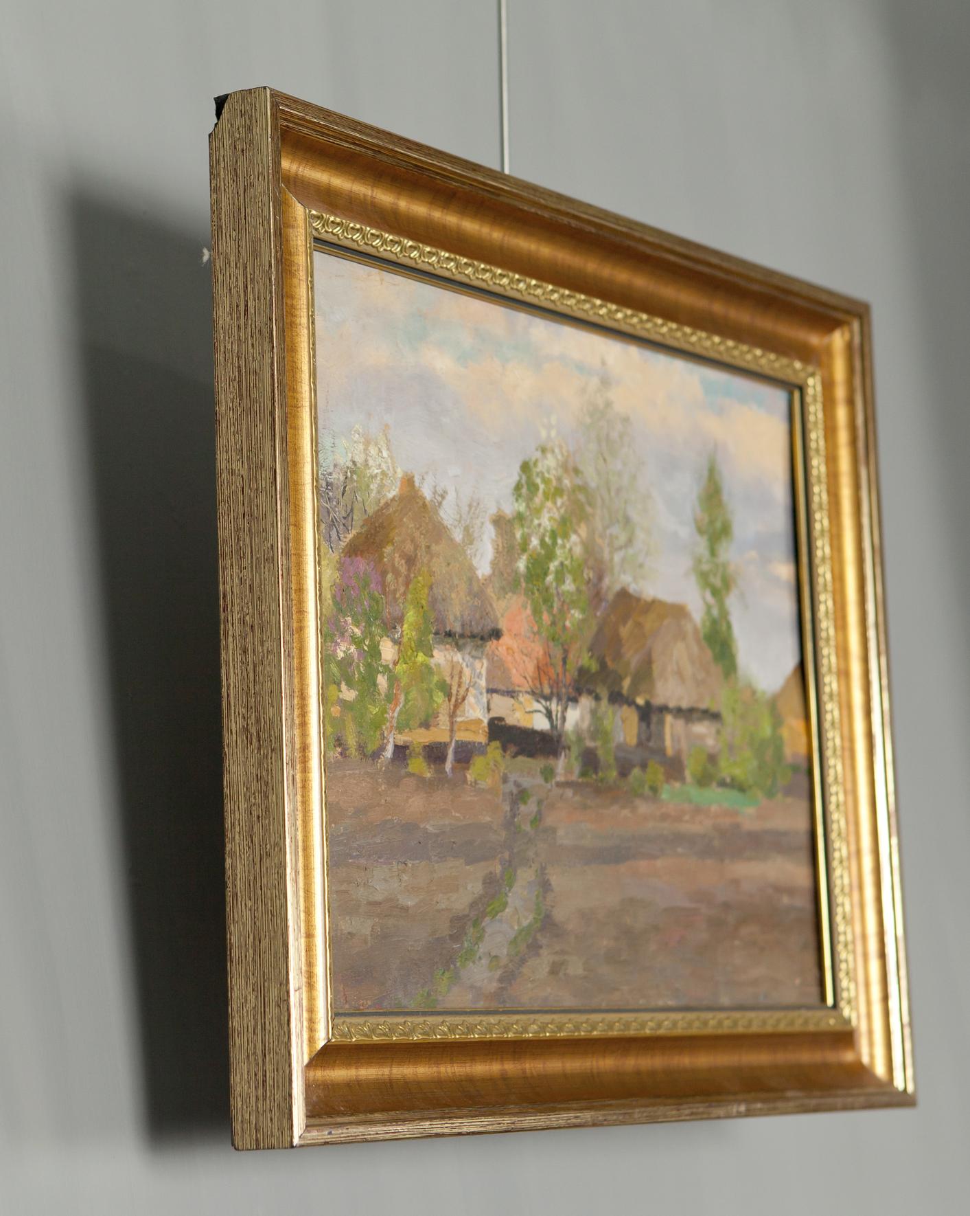 Summer Oil Painting: rustic village houses with thatched roofs in gold frame