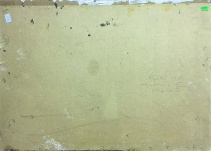 Back of oil painting Promenade by Morozov Leonid Aleksandrovich with yellowish paper handwritten inscription and stains