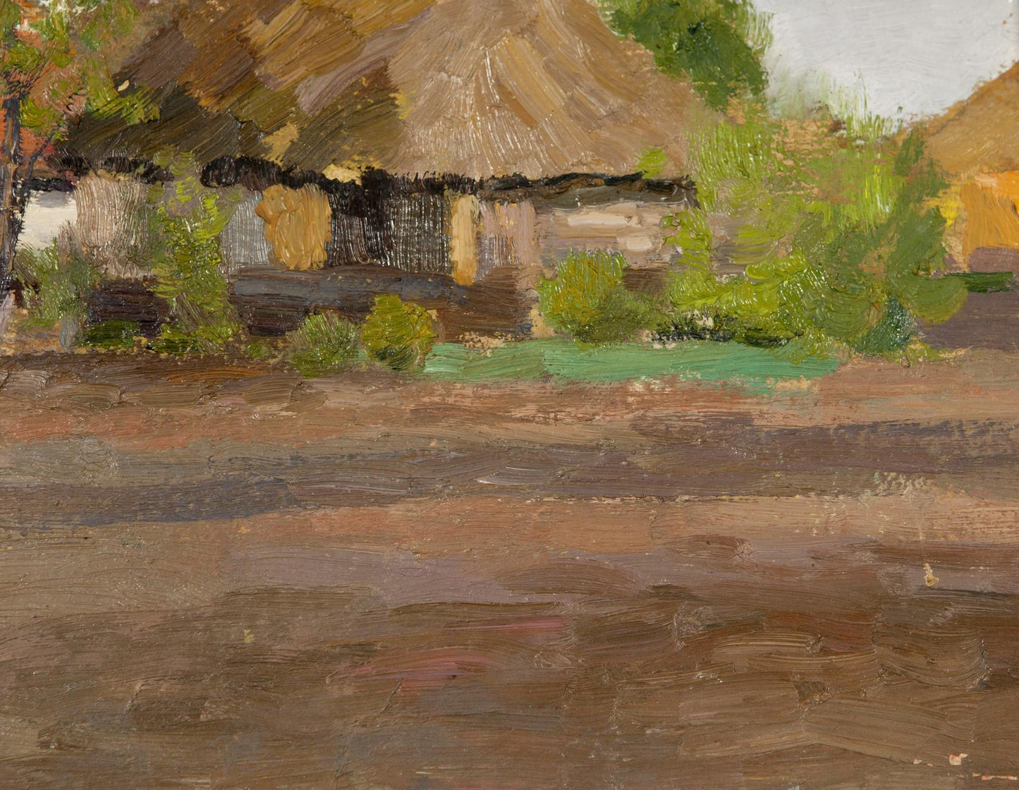 Summer oil painting of rustic thatched-roof cottage with weathered walls