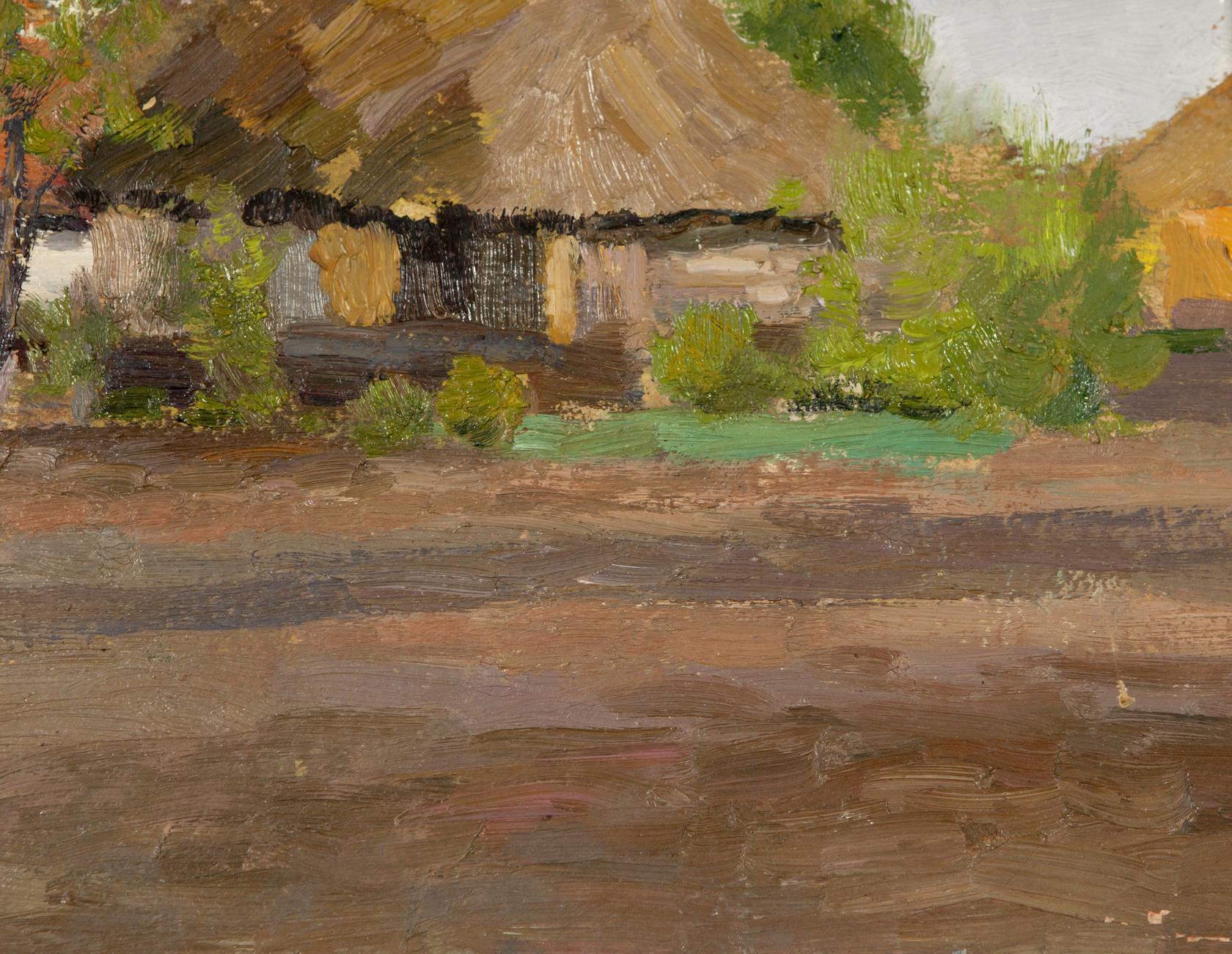 Summer oil painting of rustic thatched-roof cottage with weathered walls