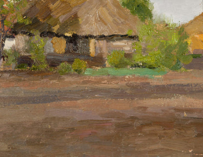 Summer oil painting of rustic thatched-roof cottage with weathered walls