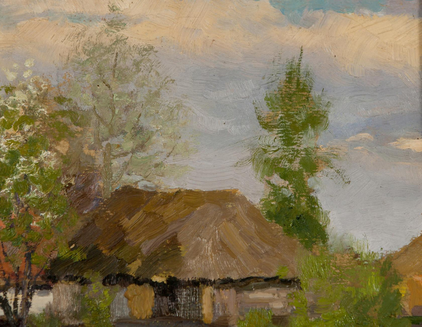 Rustic thatched-roof cottage in Summer Oil Painting among green trees under cloudy sky