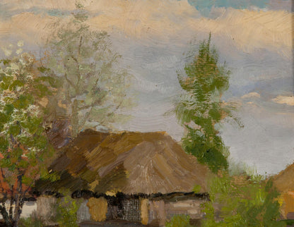 Rustic thatched-roof cottage in Summer Oil Painting among green trees under cloudy sky