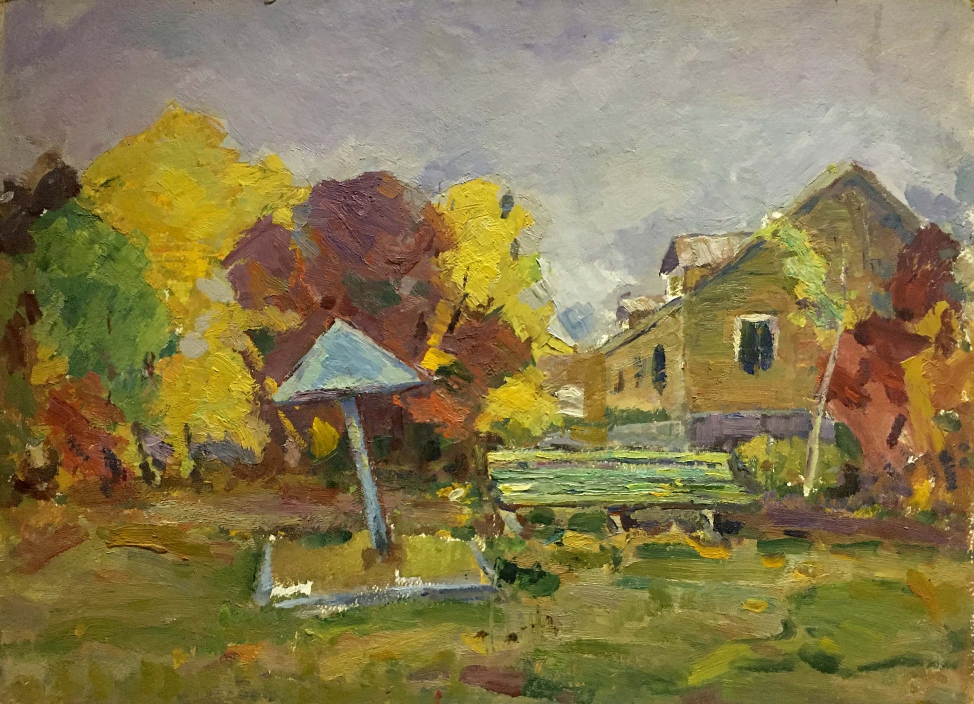 Rustic green bench under autumn trees in impressionistic Oil painting School artwork