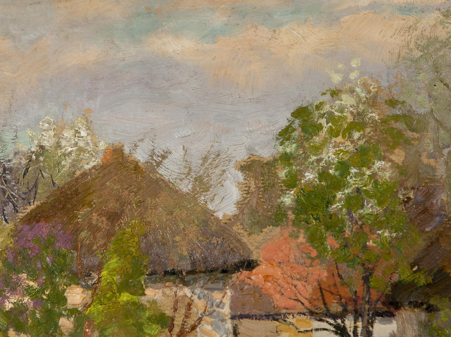 Rustic thatched cottage in Summer Oil Painting amid green trees and flowers