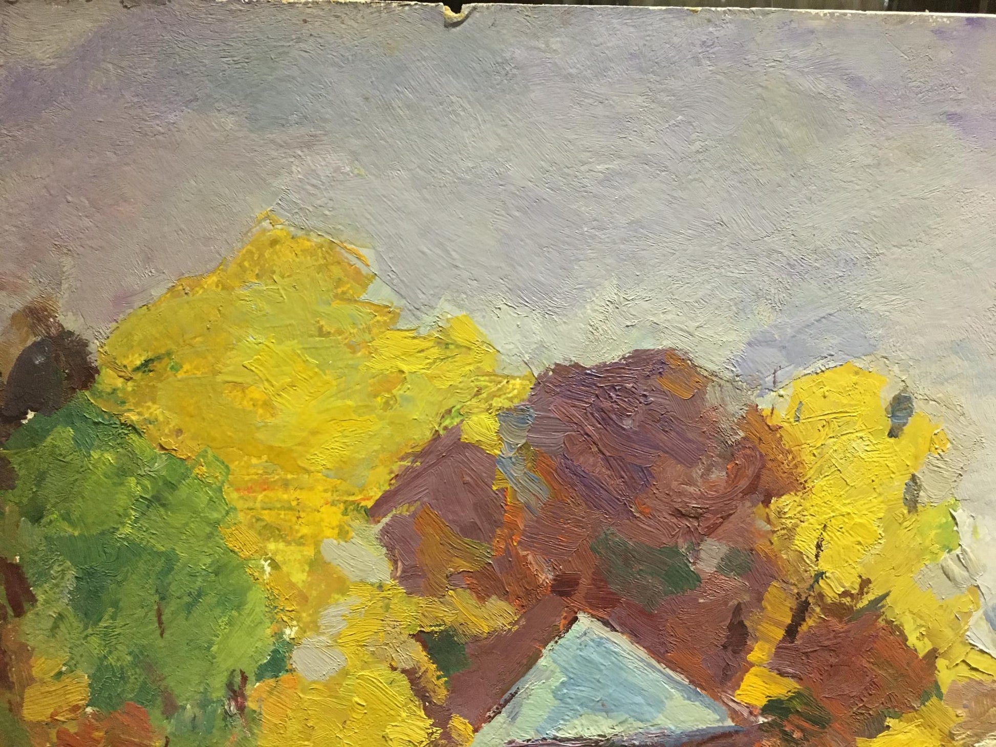 Oil painting School: textured foliage in yellow, green, brown under gray sky