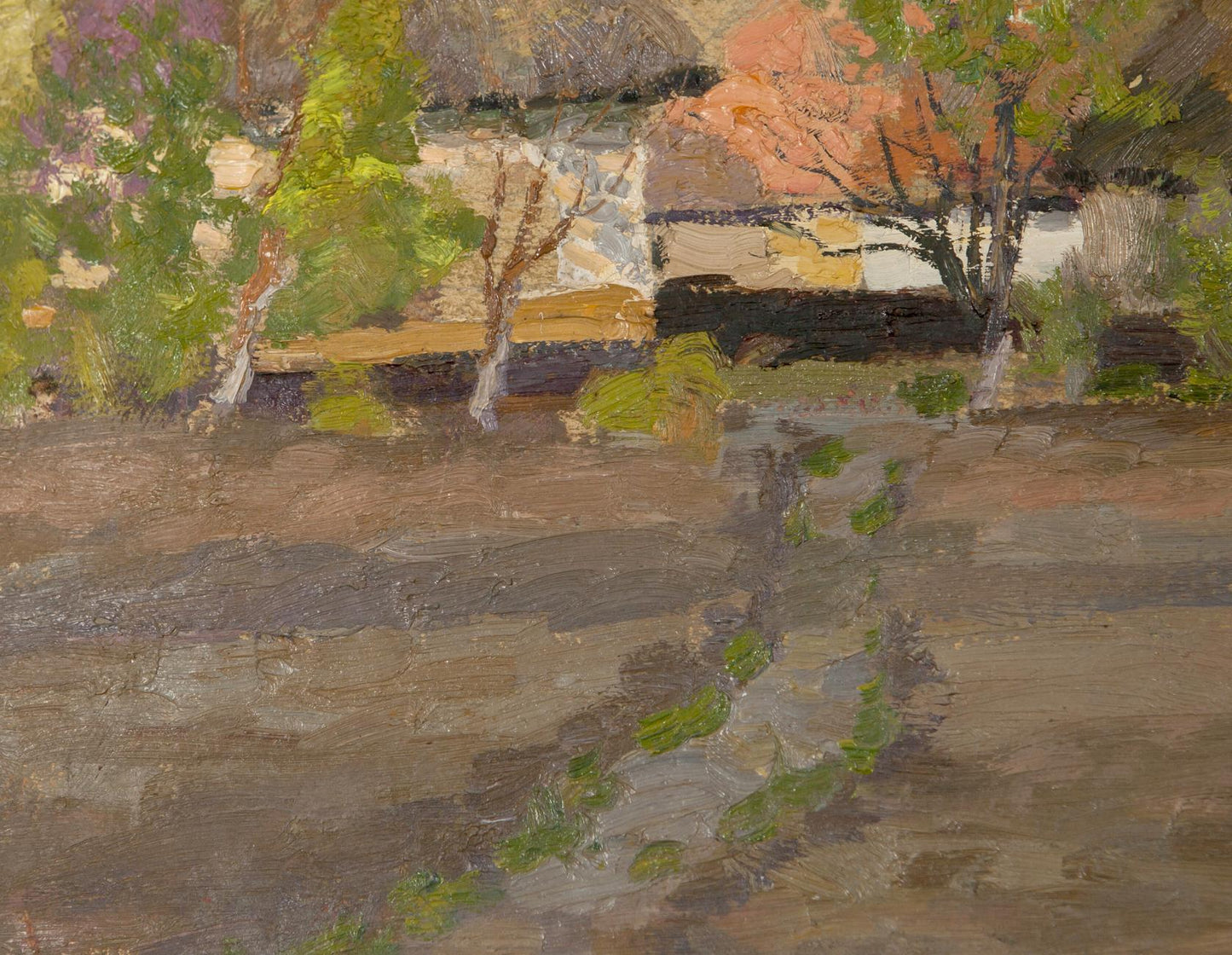 Summer oil painting of rustic stone cottage with thatched roof in greenery