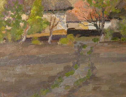 Summer oil painting of rustic stone cottage with thatched roof in greenery