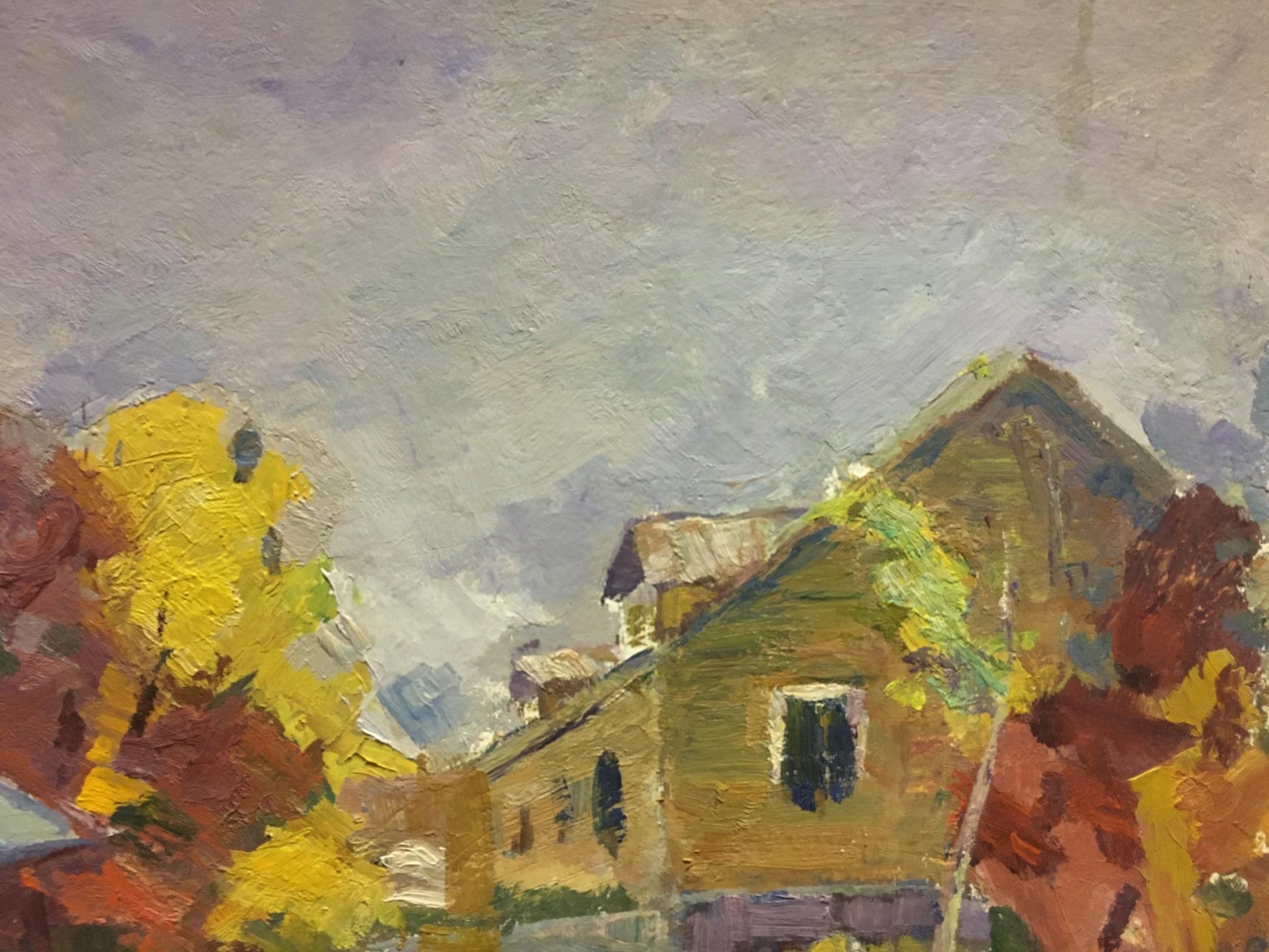 Oil painting school: rustic yellow house with shutters amid autumn trees