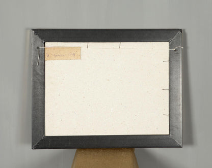 Back of Summer Oil Painting with black frame, white backing, beige label