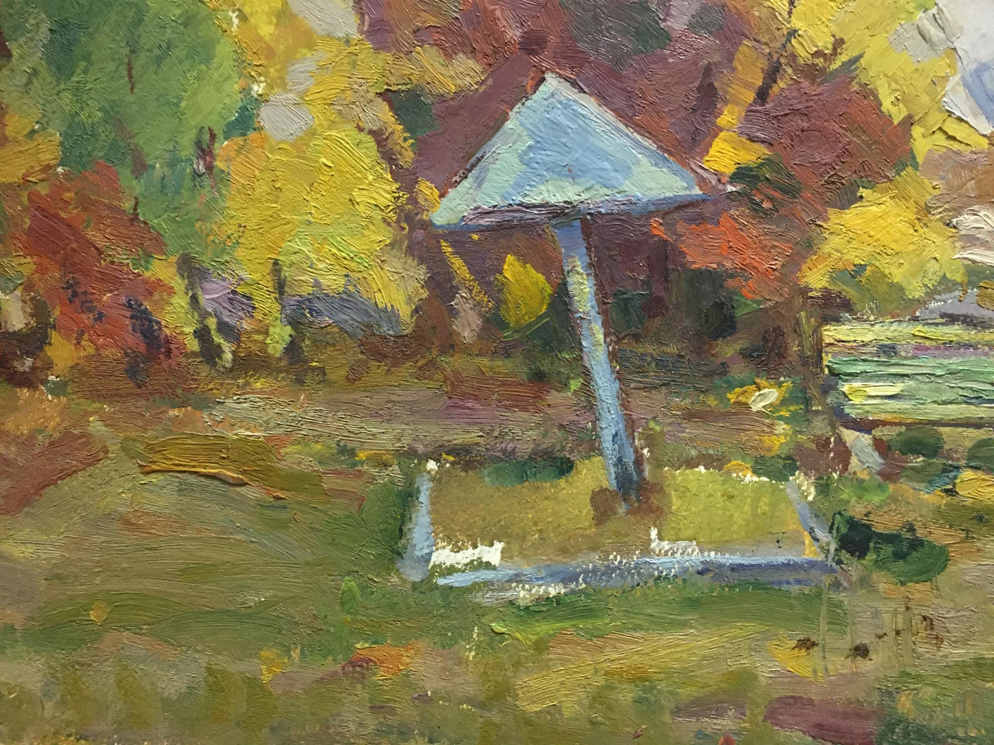 Light blue impressionistic mushroom oil painting in autumn landscape, Oil painting School