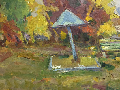 Light blue impressionistic mushroom oil painting in autumn landscape, Oil painting School