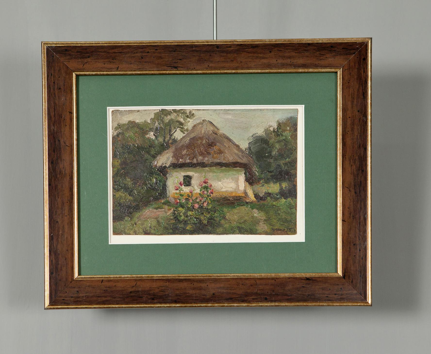 Rustic thatched-roof cottage oil painting by Soviet artist Zyupka I