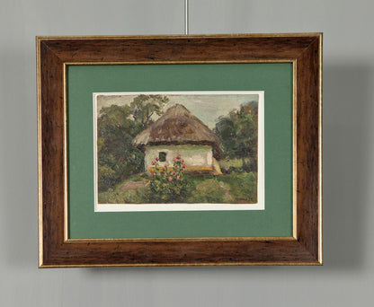 Rustic thatched-roof cottage oil painting by Soviet artist Zyupka I