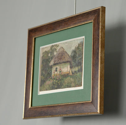Rustic wooden frame with gold border holding Zyupka I rural cottage oil painting