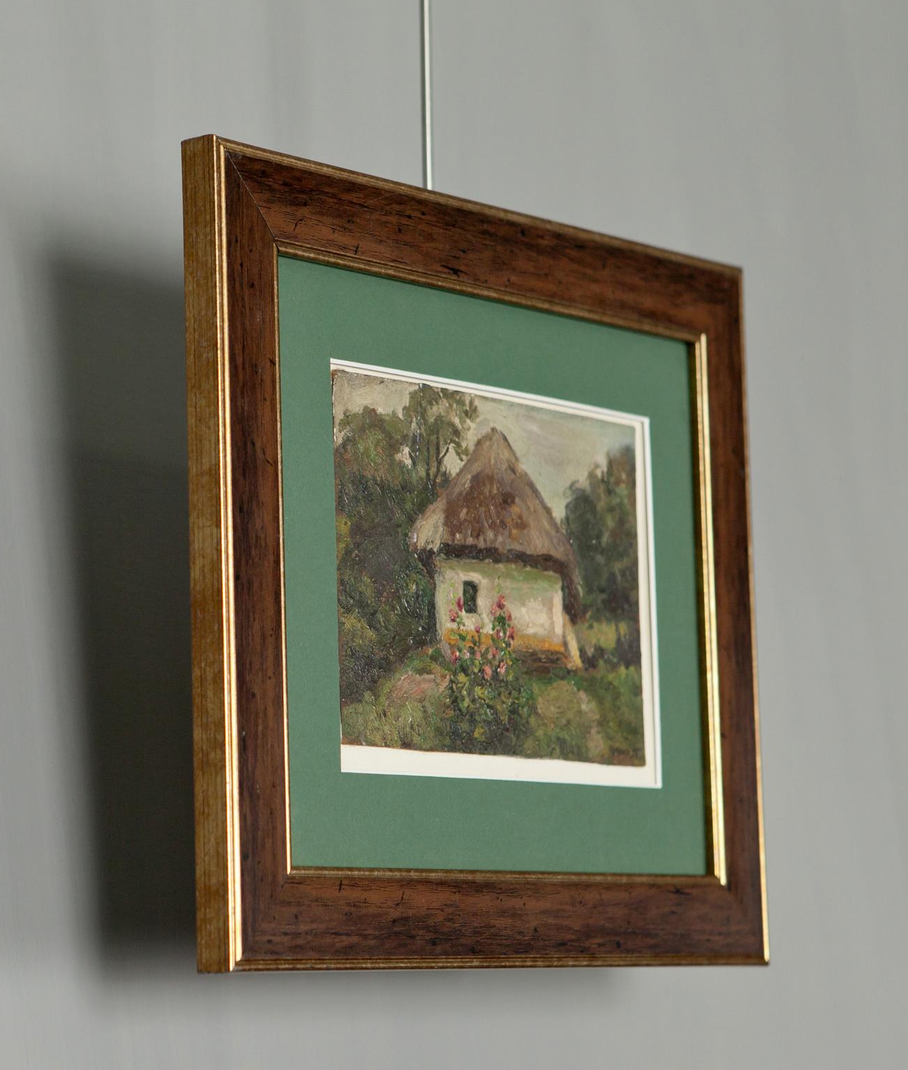 Rustic thatched cottage oil painting by Soviet artist Zyupka I in teal mat