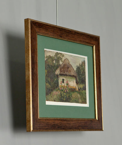 Rustic thatched cottage oil painting by Soviet artist Zyupka I in teal mat