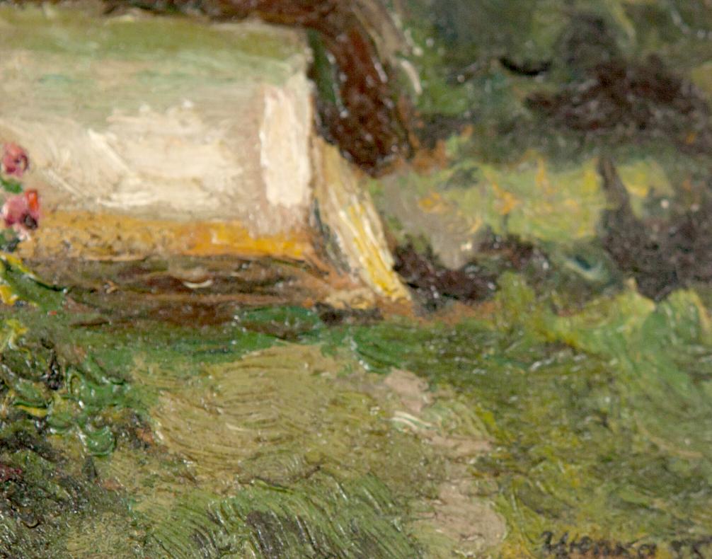 Rural houses oil painting by Soviet artist Zyupka I on white yellow canvas