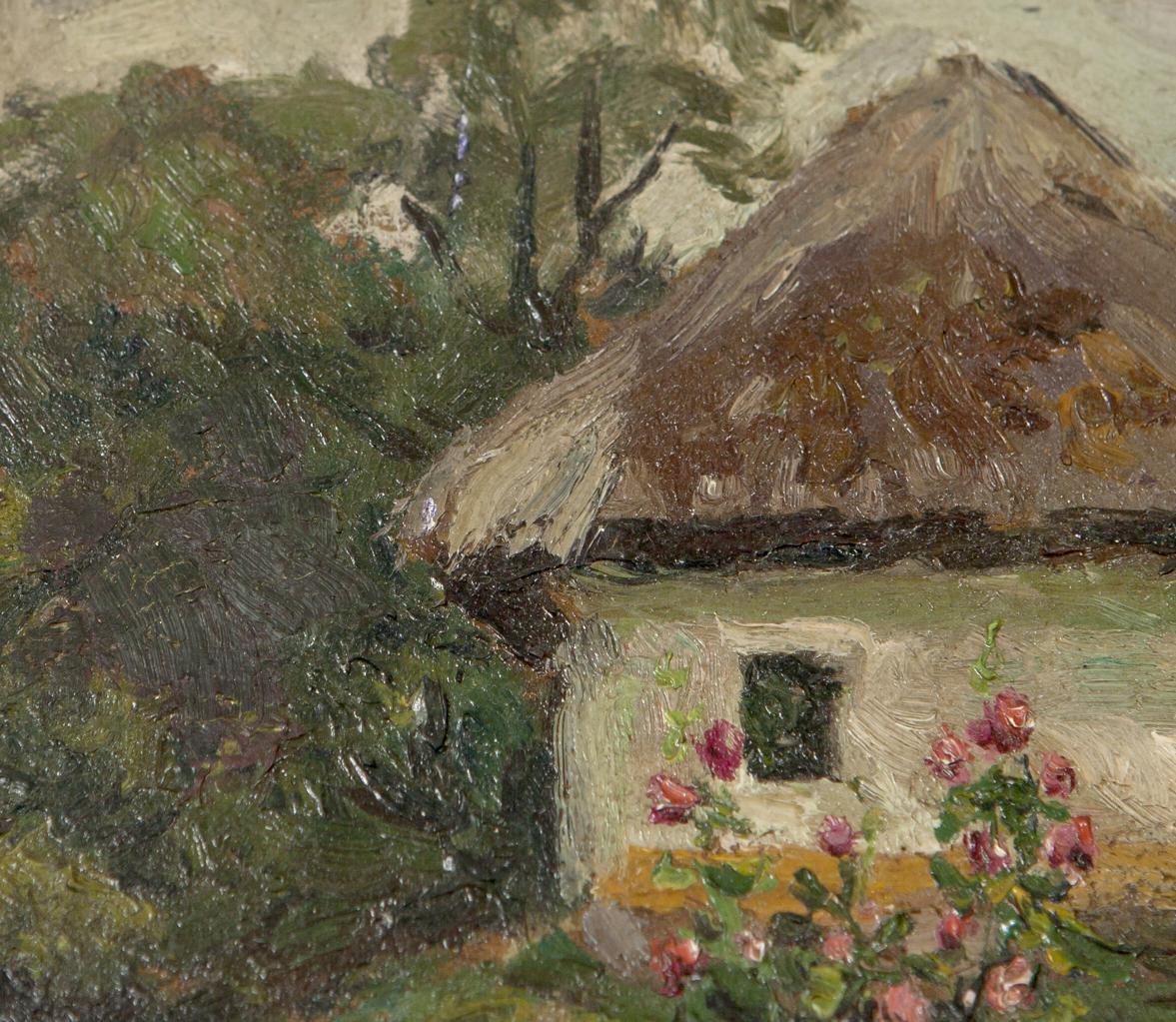 Rustic thatched-roof cottage oil painting by Soviet artist Zyupka I