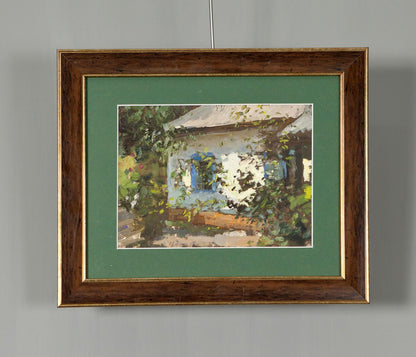 Oil painting Lonely House by Ivan Tsyupka, rural landscape in dark wood frame
