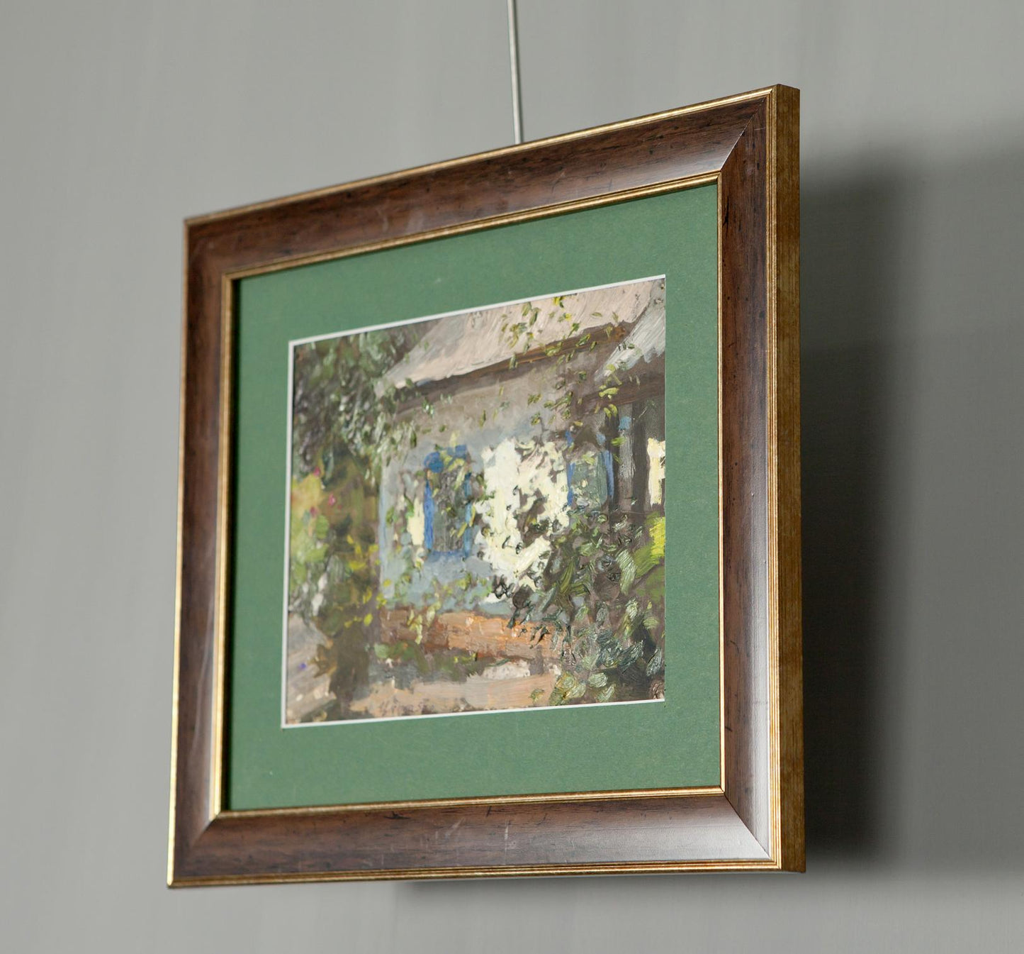 Oil painting Lonely House by Ivan Tsyupka in rustic brown frame with green mat