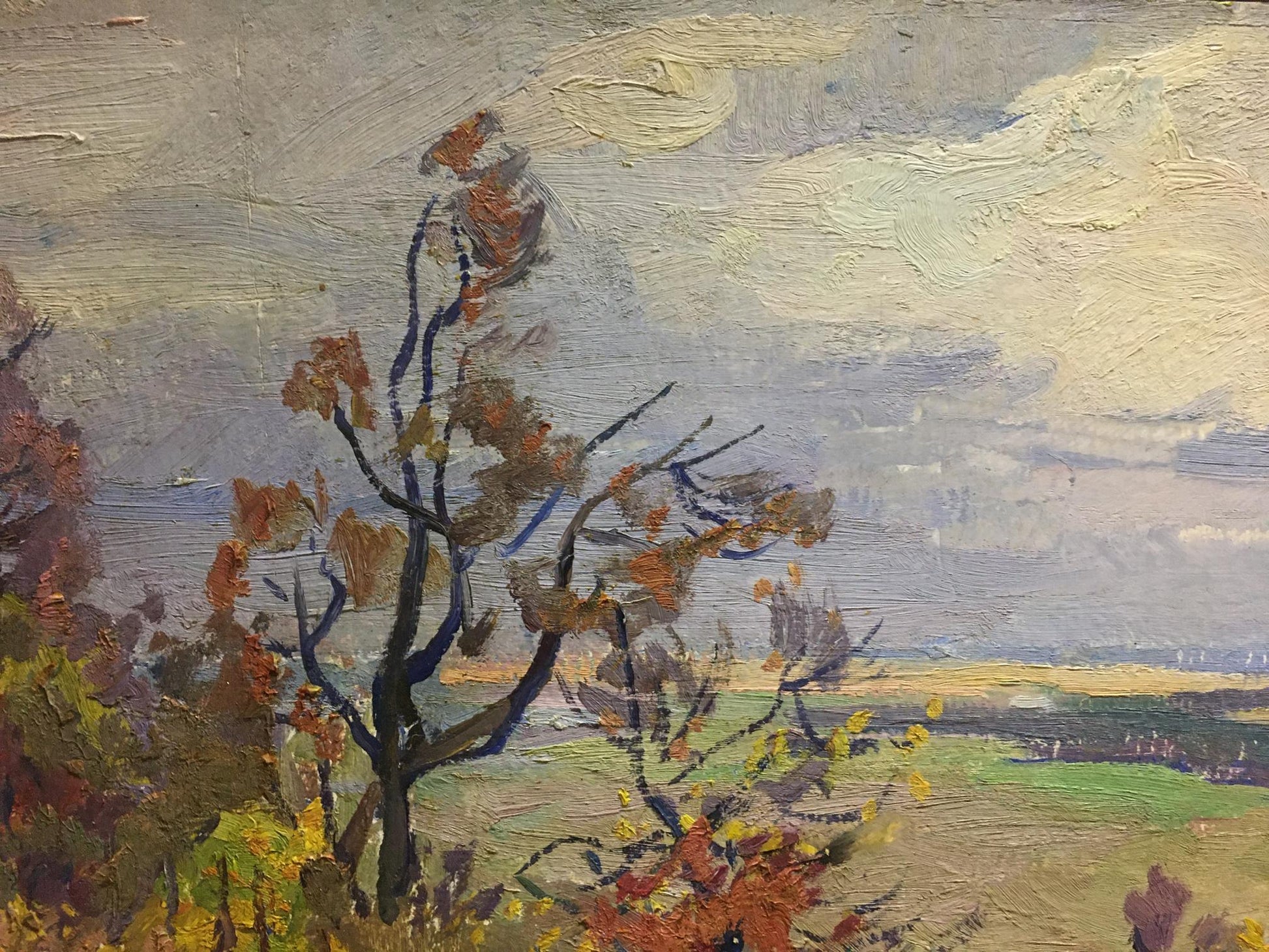 Oil painting Autumn day Gantman Moses Faybovich: solitary tree with gnarled branches