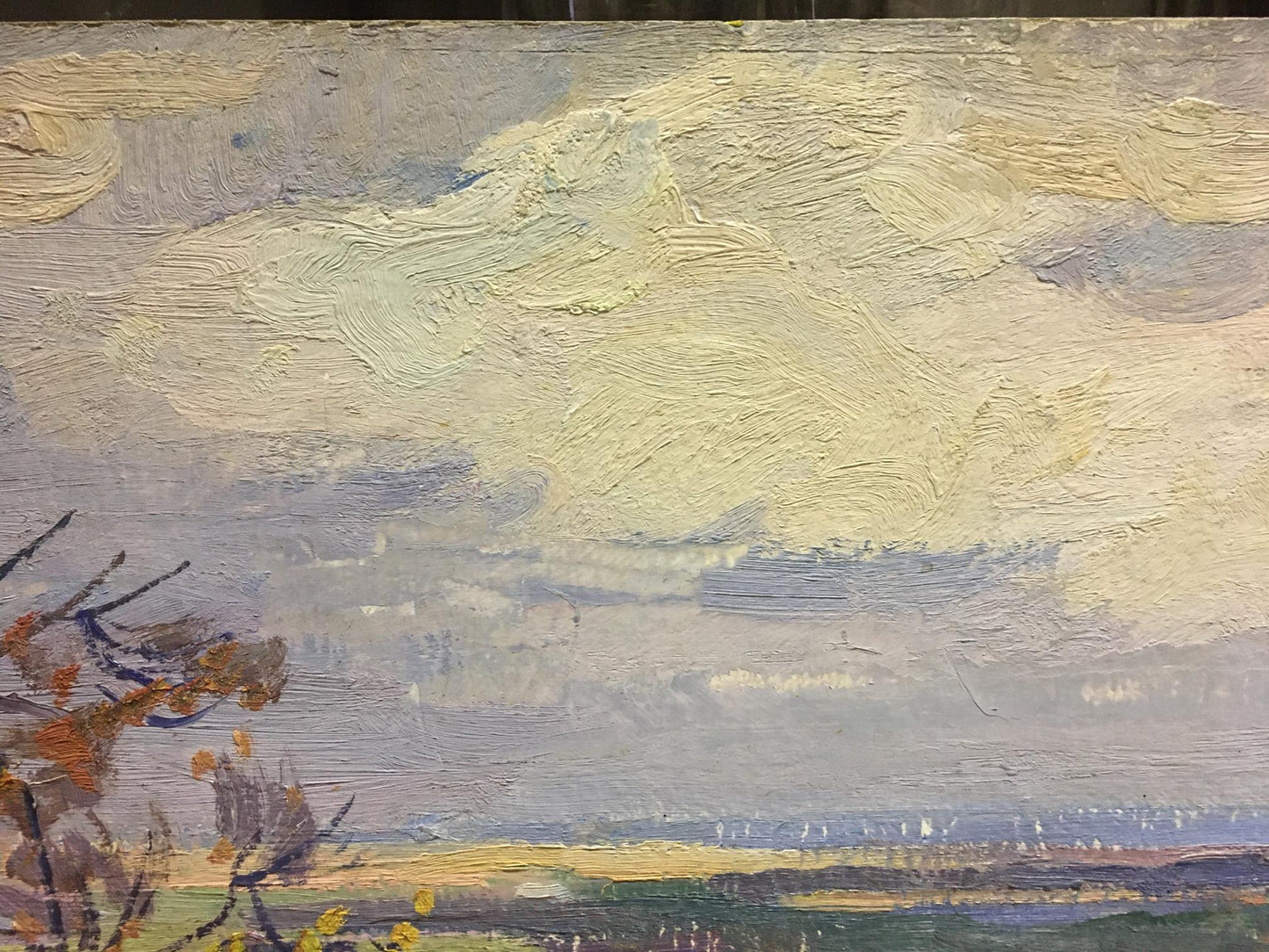 Oil painting Autumn day Gantman Moses Faybovich cloudy textured sky