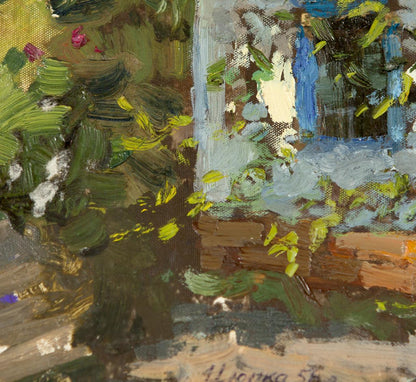 Oil painting of lonely rural house with lush green foliage and weathered blue window by Ivan Tsyupka