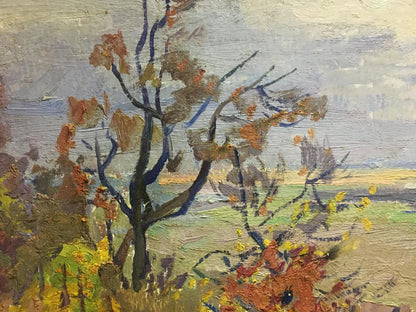 Oil painting Autumn day by Gantman Moses Faybovich, autumnal tree with orange leaves