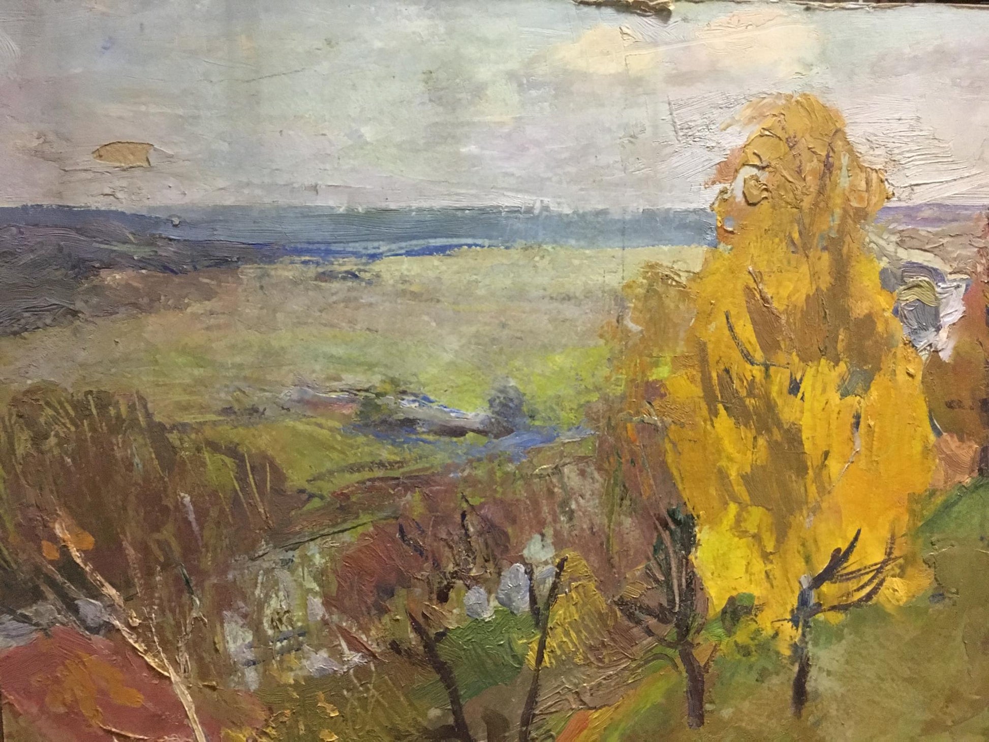 Oil painting At the hill by Gantman Moses Faybovich golden tree on hills