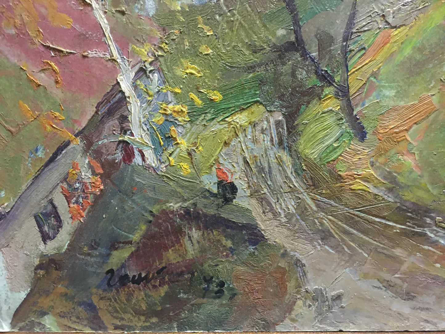 Oil painting At the hill by Gantman Moses Faybovich, rustic house in earthy tones