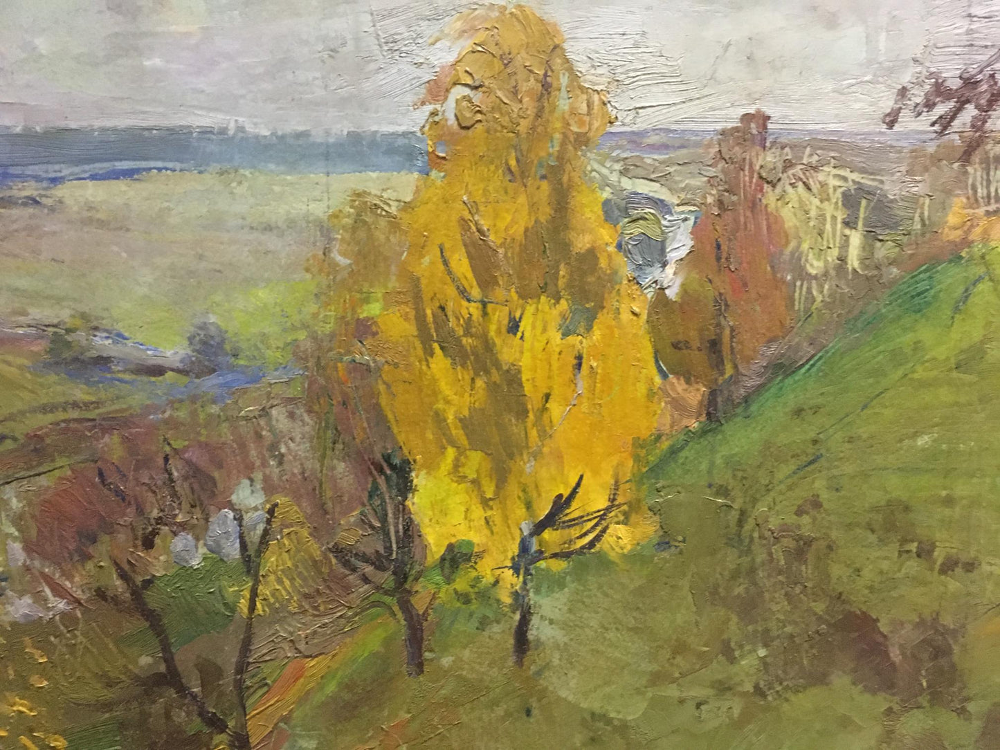 Vibrant yellow tree in impressionistic oil painting At the hill by Gantman Moses Faybovich