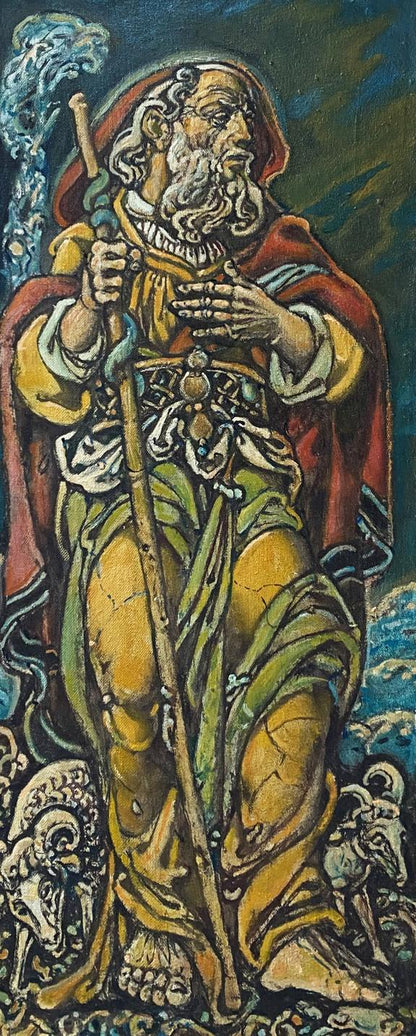 Oil painting Sacrifice of Abraham by Oleg Litvinov, bearded robed figure with staff and scroll