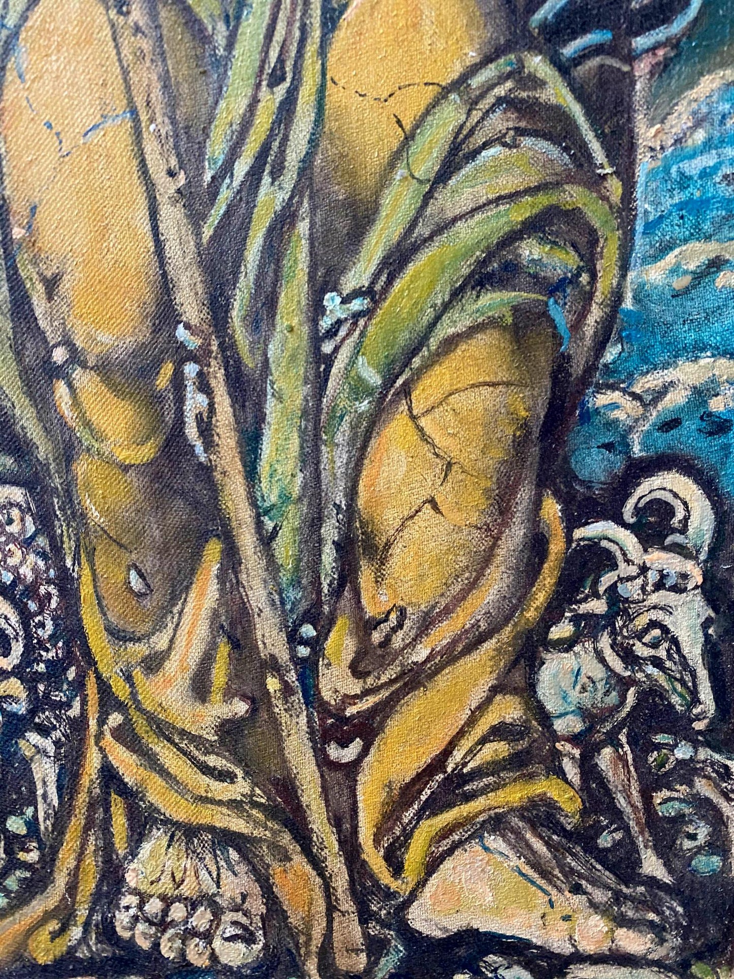 Oil painting Sacrifice of Abraham by Oleg Litvinov, abstract golden-yellow forms