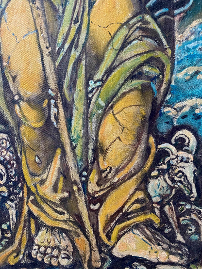 Oil painting Sacrifice of Abraham by Oleg Litvinov, abstract golden-yellow forms