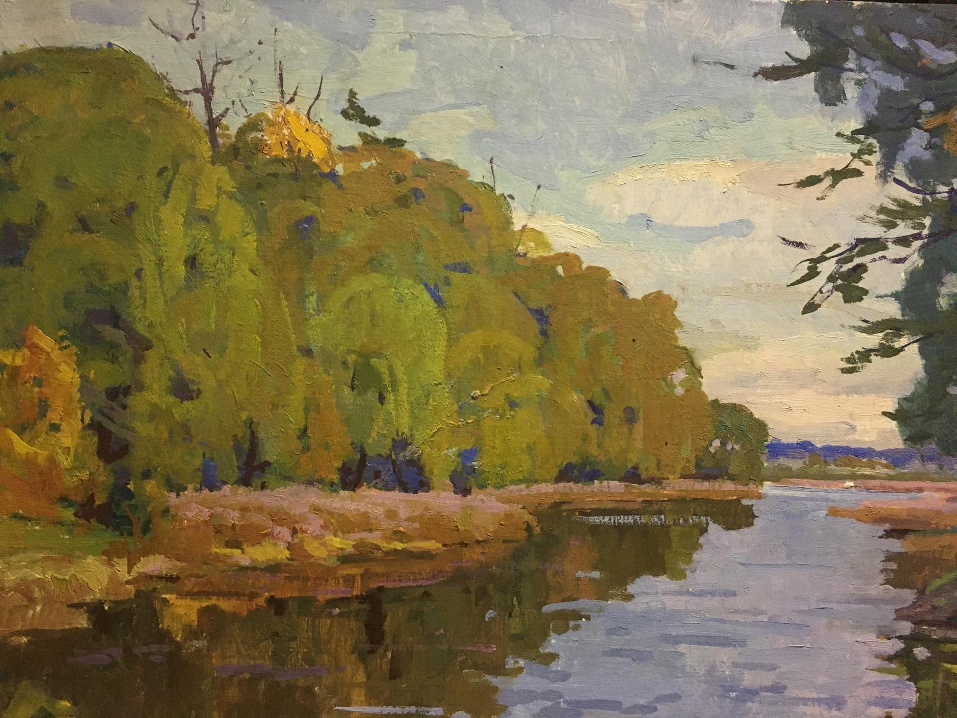 Vibrant impressionist oil painting of serene riverbank by Vladimir Korostelev