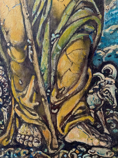 Oil painting Sacrifice of Abraham by Oleg Litvinov, abstract figure in yellow green fabric on blue turbulent background
