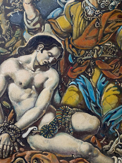 Oil painting of chained nude male by Oleg Litvinov with angels