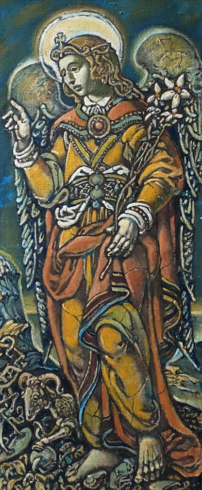 Oil painting of angel in golden red robes by Oleg Litvinov