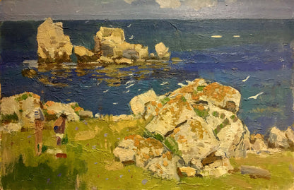Oil painting Seascape Konovalov V.Y.: rugged rocks, deep blue water, cloudy sky